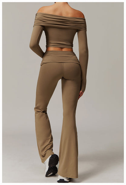 Brushed Foldover High-Waist Ruched Flared Yoga Pants