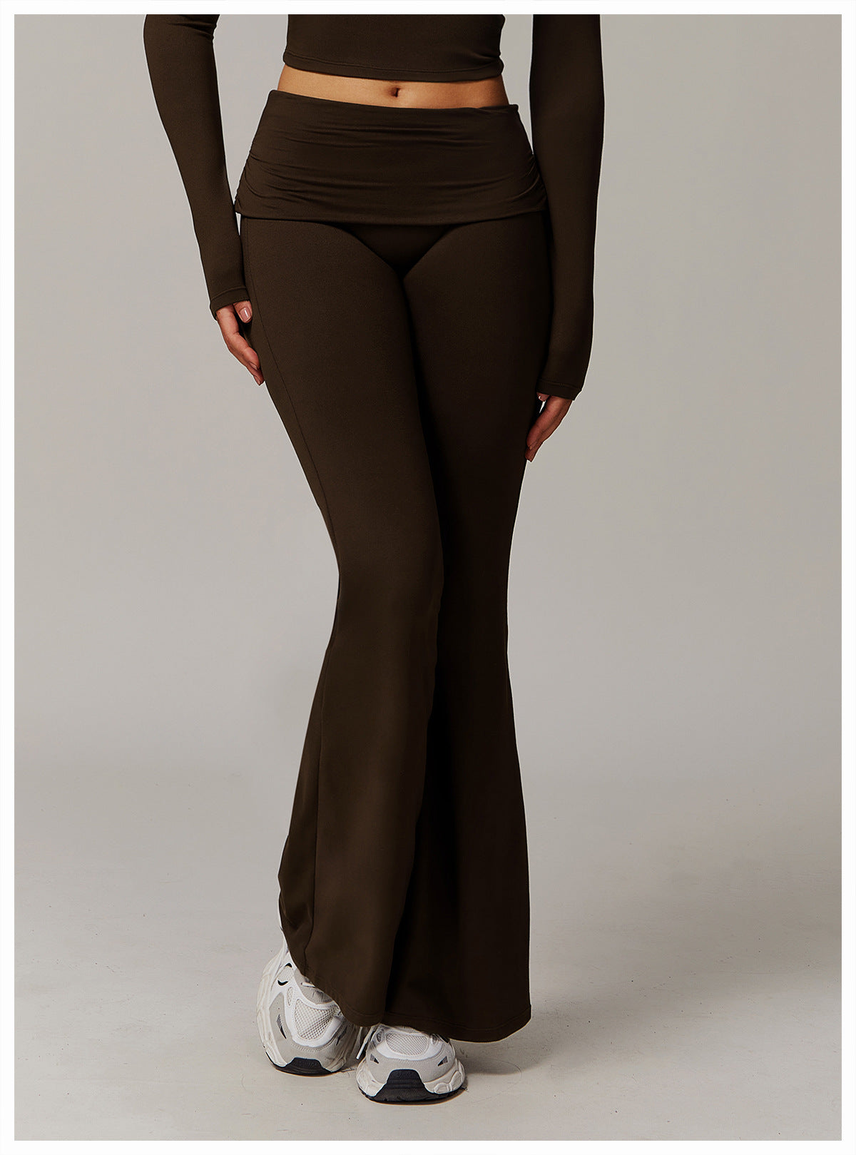 Brushed Foldover High-Waist Ruched Flared Yoga Pants