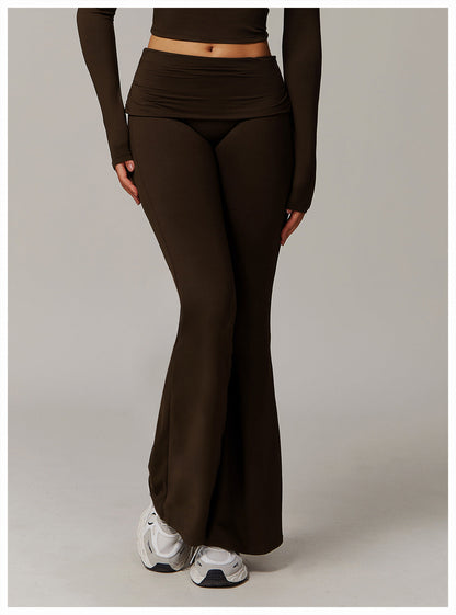 Brushed Foldover High-Waist Ruched Flared Yoga Pants