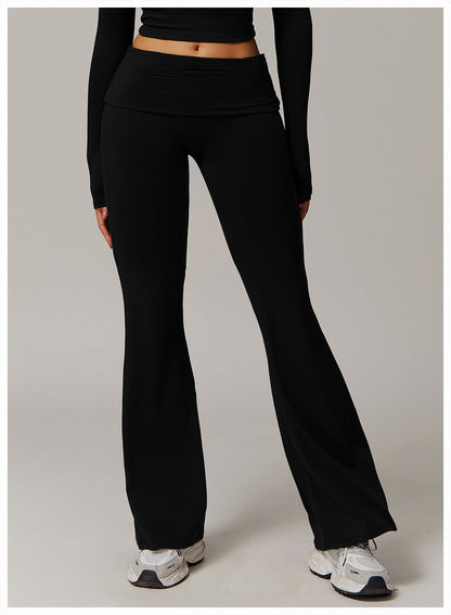Brushed Foldover High-Waist Ruched Flared Yoga Pants