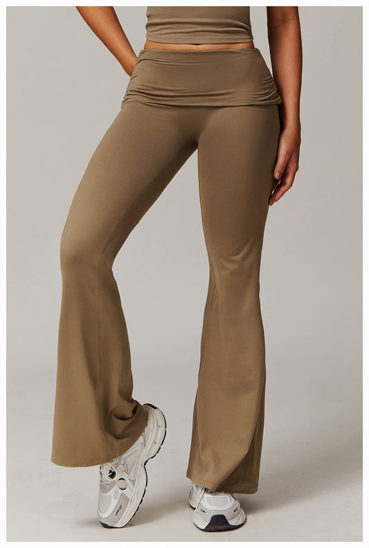 Brushed Foldover High-Waist Ruched Flared Yoga Pants